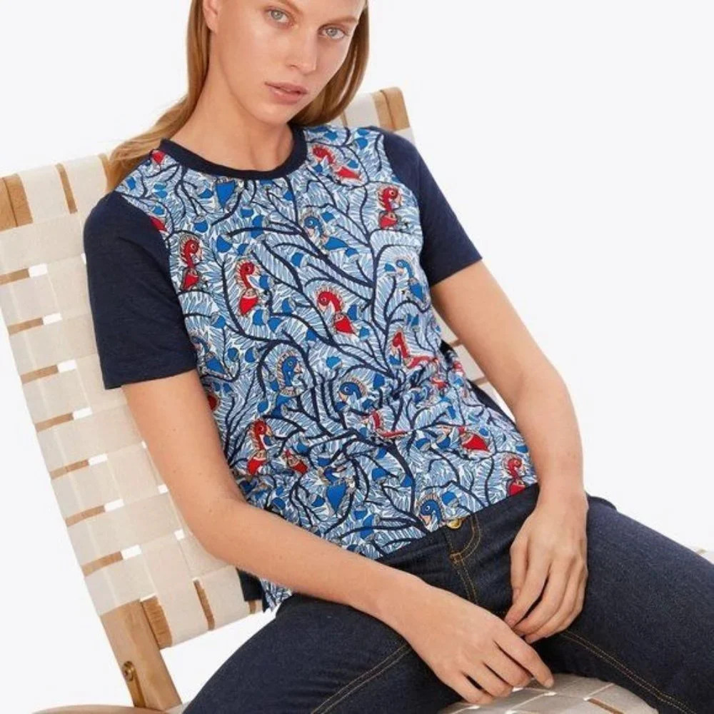 Tory Burch Wild Thing Silk Front‎ Navy T-Shirt XXS